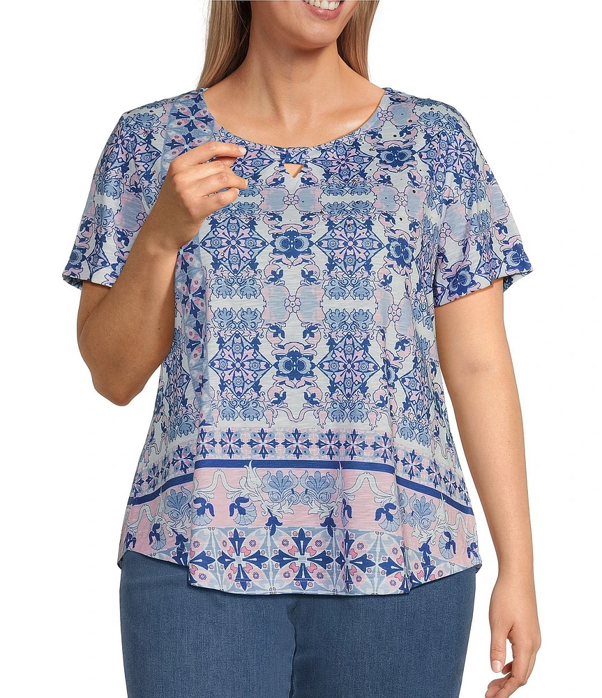 Allison Daley Plus Size Pink Folk Tile Print Short Sleeve Keyhole Neck Knit Top