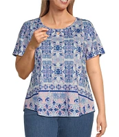 Allison Daley Plus Size Pink Folk Tile Print Short Sleeve Keyhole Neck Knit Top