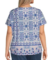 Allison Daley Plus Size Pink Folk Tile Print Short Sleeve Keyhole Neck Knit Top