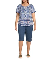 Allison Daley Plus Size Pink Folk Tile Print Short Sleeve Keyhole Neck Knit Top
