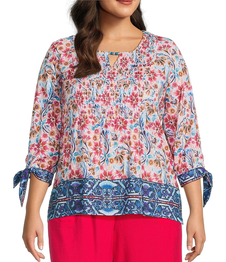 Allison Daley Plus Size Pomegranate Floral Vine Border 3/4 Tie Sleeve Keyhole Neck Knit Top