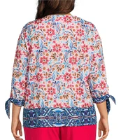 Allison Daley Plus Size Pomegranate Floral Vine Border 3/4 Tie Sleeve Keyhole Neck Knit Top