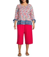 Allison Daley Plus Size Pomegranate Floral Vine Border 3/4 Tie Sleeve Keyhole Neck Knit Top