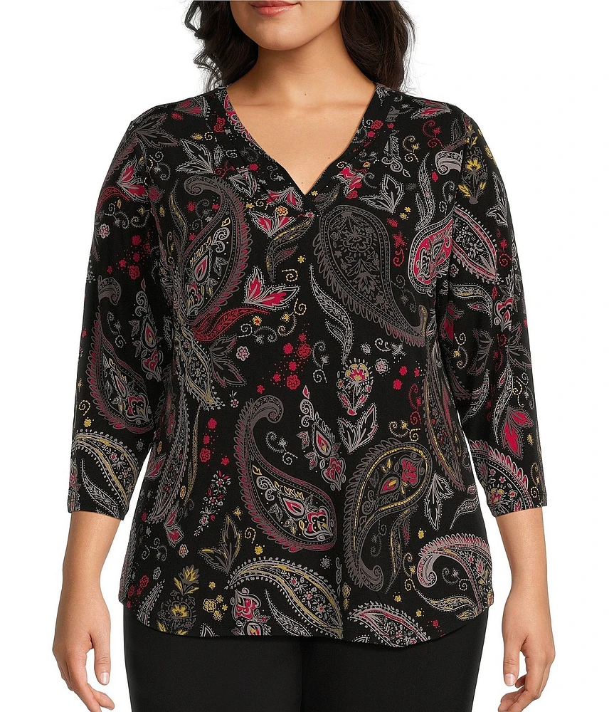 Allison Daley Plus Size Red Black Paisley Print 3/4 Sleeve V-Neck Pleated Knit Top