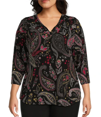 Allison Daley Plus Size Red Black Paisley Print 3/4 Sleeve V-Neck Pleated Knit Top