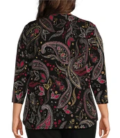 Allison Daley Plus Size Red Black Paisley Print 3/4 Sleeve V-Neck Pleated Knit Top