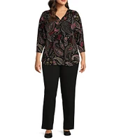 Allison Daley Plus Size Red Black Paisley Print 3/4 Sleeve V-Neck Pleated Knit Top