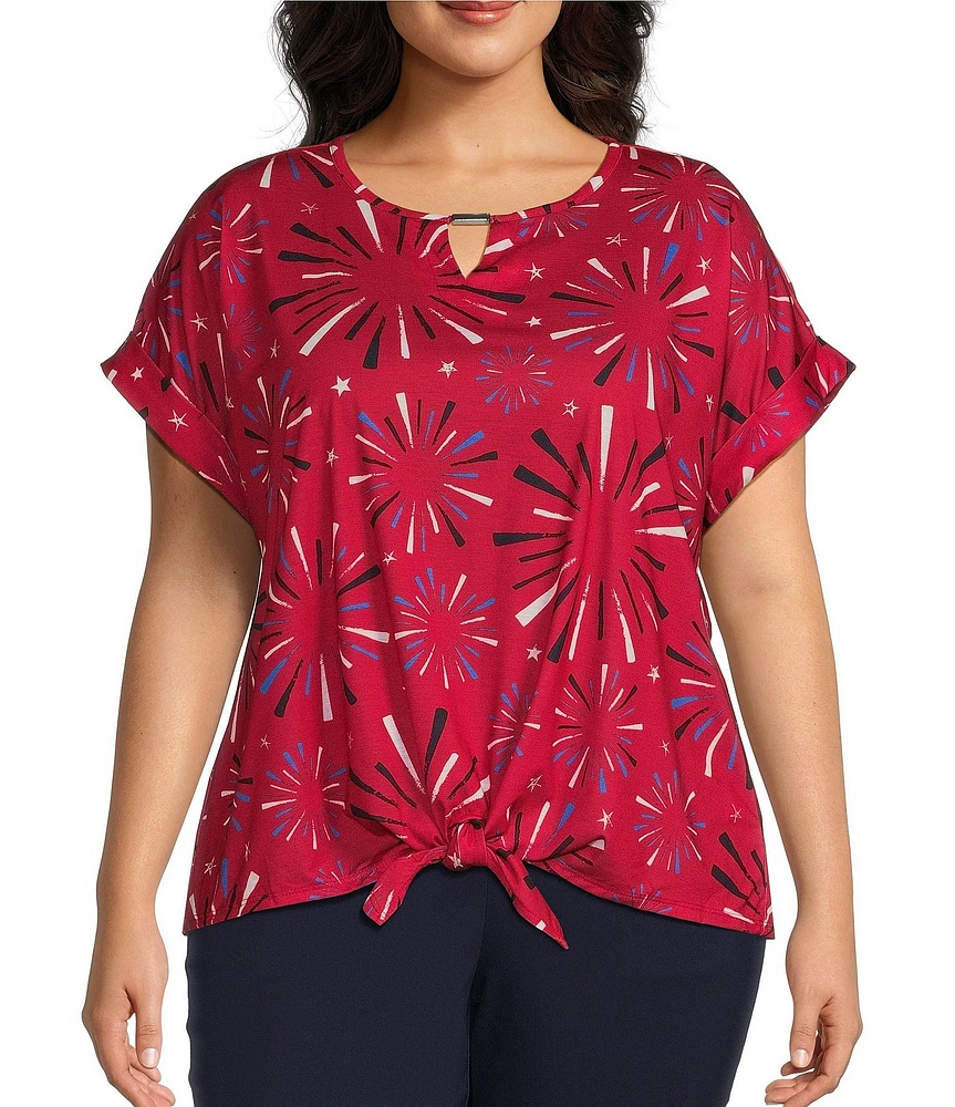 Allison Daley Plus Size Red Firework Print Short Sleeve Keyhole Neckline Knit Top