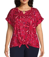 Allison Daley Plus Size Red Firework Print Short Sleeve Keyhole Neckline Knit Top