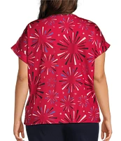 Allison Daley Plus Size Red Firework Print Short Sleeve Keyhole Neckline Knit Top