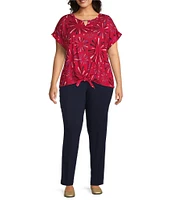 Allison Daley Plus Size Red Firework Print Short Sleeve Keyhole Neckline Knit Top