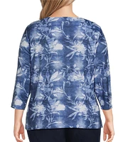 Allison Daley Plus Size Shadow Floral 3/4 Sleeve Keyhole Neck Knit Top