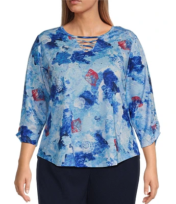 Allison Daley Plus Size Shell Melange Print 3/4 Sleeve Crew Neckline Knit Top