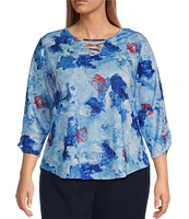 Allison Daley Plus Size Shell Melange Print 3/4 Sleeve Crew Neckline Knit Top