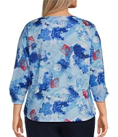 Allison Daley Plus Size Shell Melange Print 3/4 Sleeve Crew Neckline Knit Top