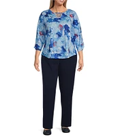 Allison Daley Plus Size Shell Melange Print 3/4 Sleeve Crew Neckline Knit Top