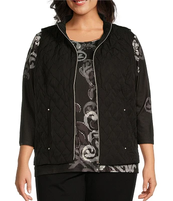 Allison Daley Plus Size Sleeveless Full Zip Embellished Diamond Woven Quilted Vest