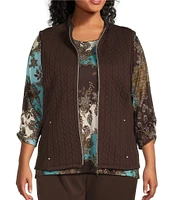 Allison Daley Plus Size Sleeveless Full Zip Up Embellished Cable Knit Quilted Vest