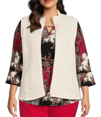 Allison Daley Plus Size Sleeveless Full Zip Up Embellished Cable Knit Quilted Vest