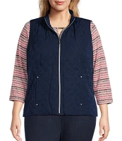 Allison Daley Plus Size Sleeveless Full Zip Up Embellished Diamond Woven Quilted Vest