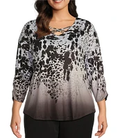 Allison Daley Plus Size Spots Border Print 3/4 Ruched Sleeve Criss-Cross Embellished V-Neck Knit Top