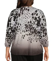 Allison Daley Plus Size Spots Border Print 3/4 Ruched Sleeve Criss-Cross Embellished V-Neck Knit Top