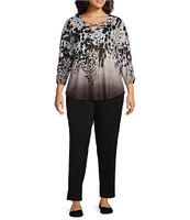 Allison Daley Plus Size Spots Border Print 3/4 Ruched Sleeve Criss-Cross Embellished V-Neck Knit Top