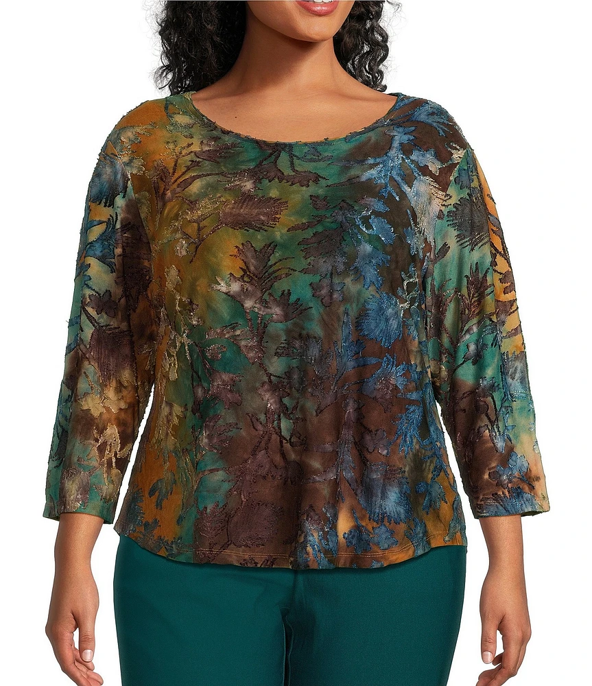 Allison Daley Plus Size Spruce Tie Dye Print 3/4 Sleeve Crew Neck Knit Top