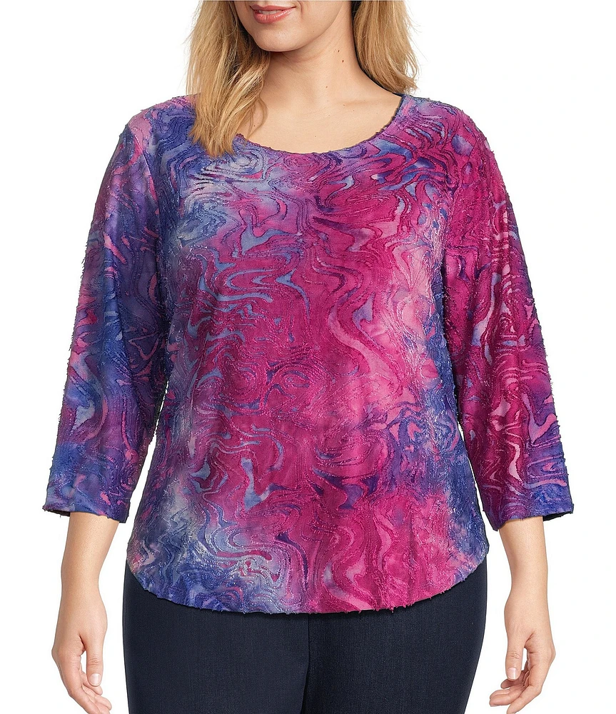 Allison Daley Plus Size Super Pink Tie Dye Print 3/4 Sleeve Crew Neck Knit Top