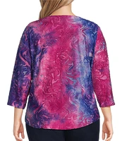 Allison Daley Plus Size Super Pink Tie Dye Print 3/4 Sleeve Crew Neck Knit Top