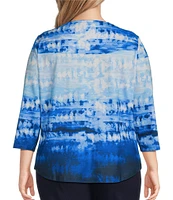 Allison Daley Plus Size Tie-Dye Print 3/4 Sleeve Crew Neck Knit Top