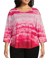 Allison Daley Plus Size Tie-Dye Print 3/4 Sleeve Crew Neck Knit Top