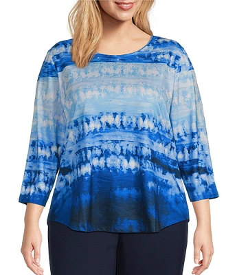 Allison Daley Plus Size Tie-Dye Print 3/4 Sleeve Crew Neck Knit Top