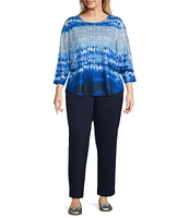 Allison Daley Plus Size Tie-Dye Print 3/4 Sleeve Crew Neck Knit Top
