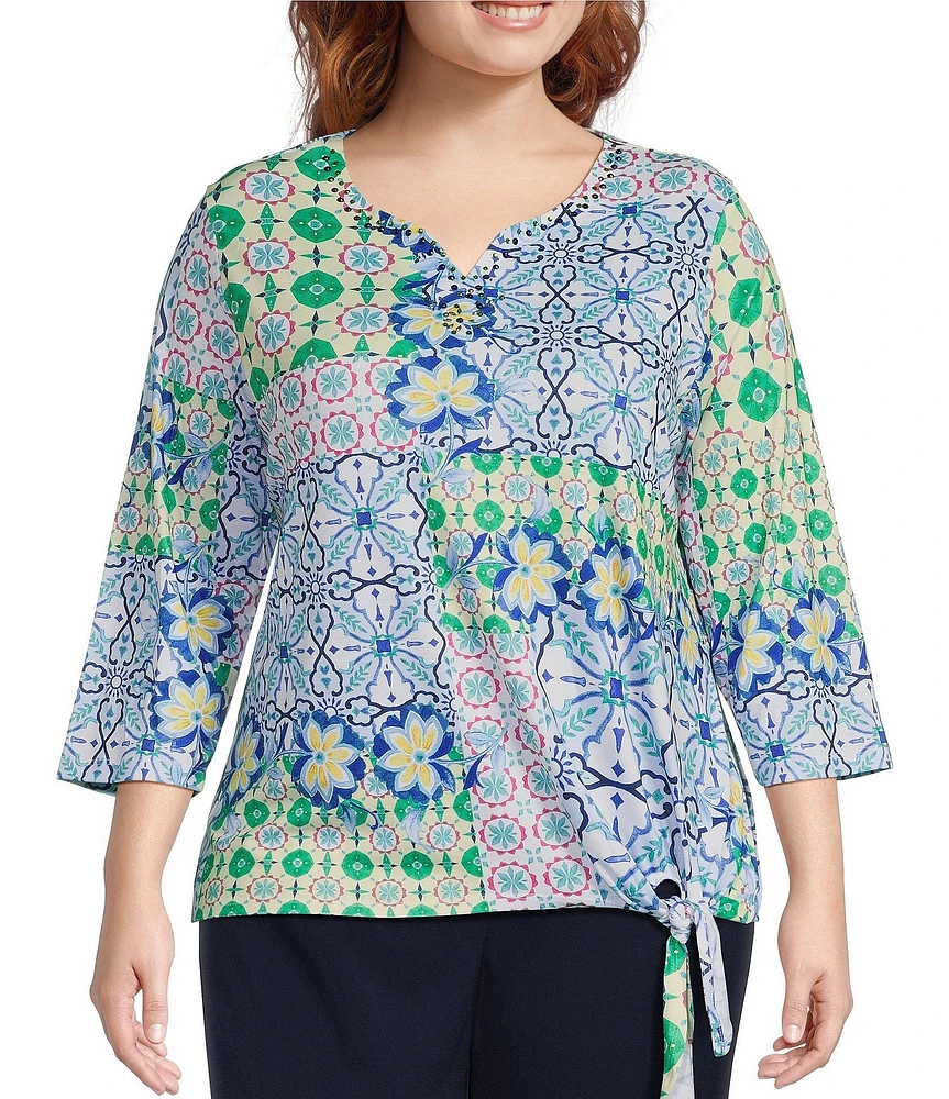 Allison Daley Plus Size Tile Block Print 3/4 Sleeve Split V-Neck Tie Hem Knit Top