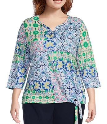Allison Daley Plus Size Tile Block Print 3/4 Sleeve Split V-Neck Tie Hem Knit Top