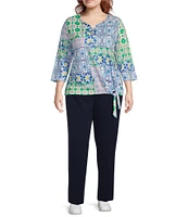 Allison Daley Plus Size Tile Block Print 3/4 Sleeve Split V-Neck Tie Hem Knit Top