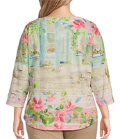 Allison Daley Plus Size Town Country Border Print 3/4 Sleeve Crew Neck Knit Top