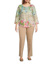 Allison Daley Plus Size Town Country Border Print 3/4 Sleeve Crew Neck Knit Top
