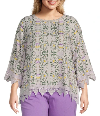 Allison Daley Plus Size Trellis Floral Print 3/4 Sleeve Crew Neck Lace Detail Blouse