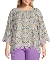 Allison Daley Plus Size Trellis Floral Print 3/4 Sleeve Crew Neck Lace Detail Blouse