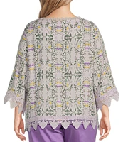 Allison Daley Plus Size Trellis Floral Print 3/4 Sleeve Crew Neck Lace Detail Blouse