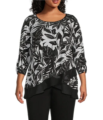 Allison Daley Plus Size Tropical Shadow Print 3/4 Ruched Sleeve Crew Neck Ruffle Hem Knit Top