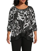 Allison Daley Plus Size Tropical Shadow Print 3/4 Ruched Sleeve Crew Neck Ruffle Hem Knit Top