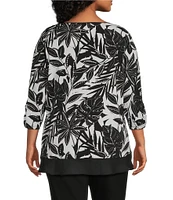 Allison Daley Plus Size Tropical Shadow Print 3/4 Ruched Sleeve Crew Neck Ruffle Hem Knit Top