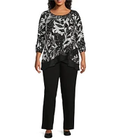 Allison Daley Plus Size Tropical Shadow Print 3/4 Ruched Sleeve Crew Neck Ruffle Hem Knit Top