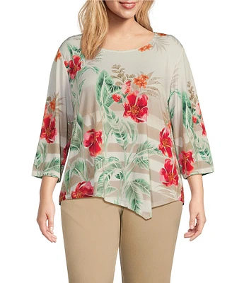 Allison Daley Plus Size Tropical Stripe Print 3/4 Sleeve Crew Neck Asymmetric Hem Embellished Knit Top