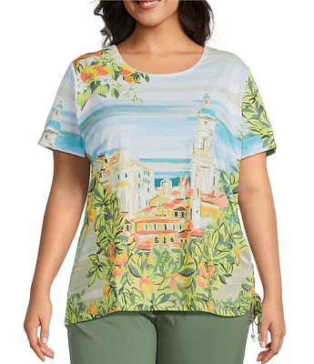 Allison Daley Plus Size Tuscan Village Print Short Sleeve Side Ruched Knit Top