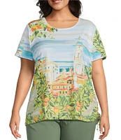 Allison Daley Plus Size Tuscan Village Print Short Sleeve Side Ruched Knit Top