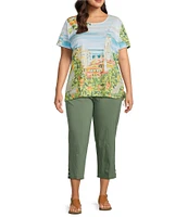 Allison Daley Plus Size Tuscan Village Print Short Sleeve Side Ruched Knit Top